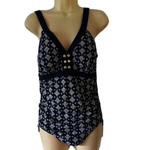 Christina size 8D (cup) Navy & White print one piece Swimsuit Waist Minimizer